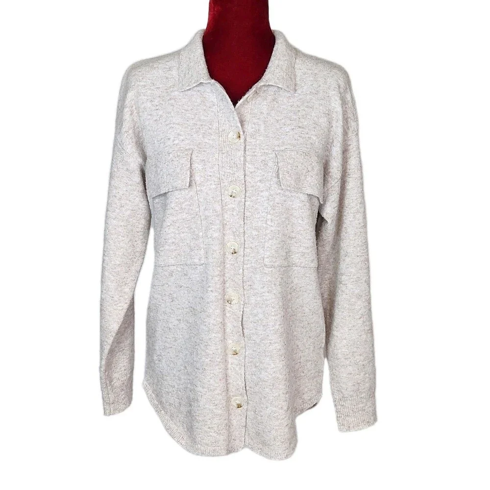 Lulus Everyday Cozy Heather Beige Knit Shacket Oversized Button-Up Sweater Small - Picture 2 of 12